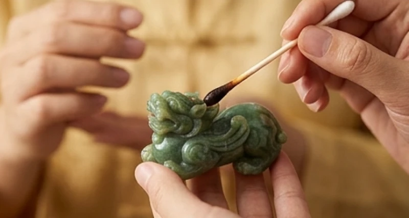 Dùng tăm bông và nước trà thấm nhẹ lên mắt tượng tỳ hưu để thực hiện nghi thức khai quang