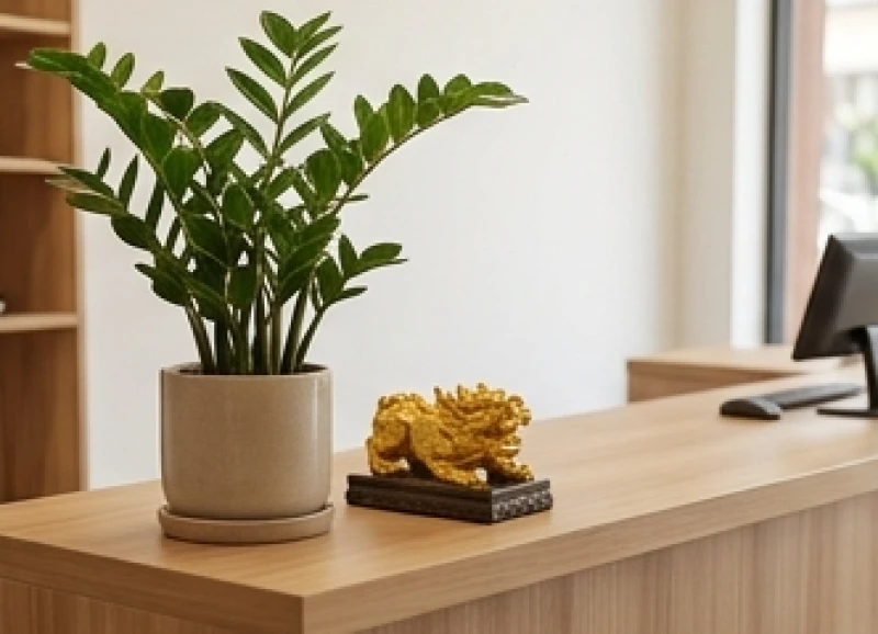 Tháng tốt xấu của tuổi Mùi năm 2027: Lịch cát hung từng nạp âm 5 Quầy thu ngân bằng gỗ trang trí cây kim tiền xanh tốt và bức tượng tỳ hưu chiêu tài lộc