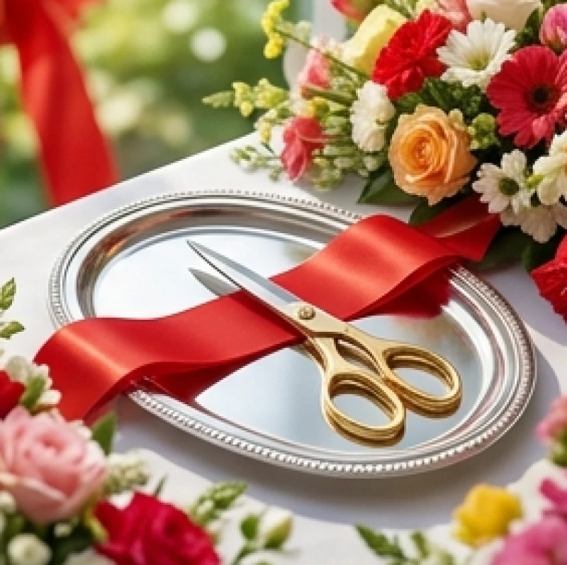 Kéo ruy băng đỏ và hoa tươi trong ngày lễ khai trương cửa hàng