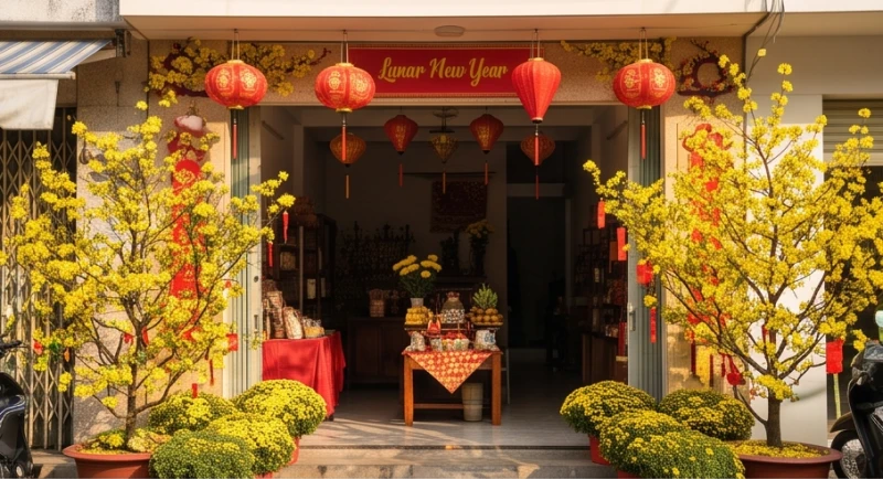 Khung cảnh cửa hàng tràn ngập sắc đỏ rực rỡ và hoa mai vàng trong ngày mở hàng đầu năm mới
