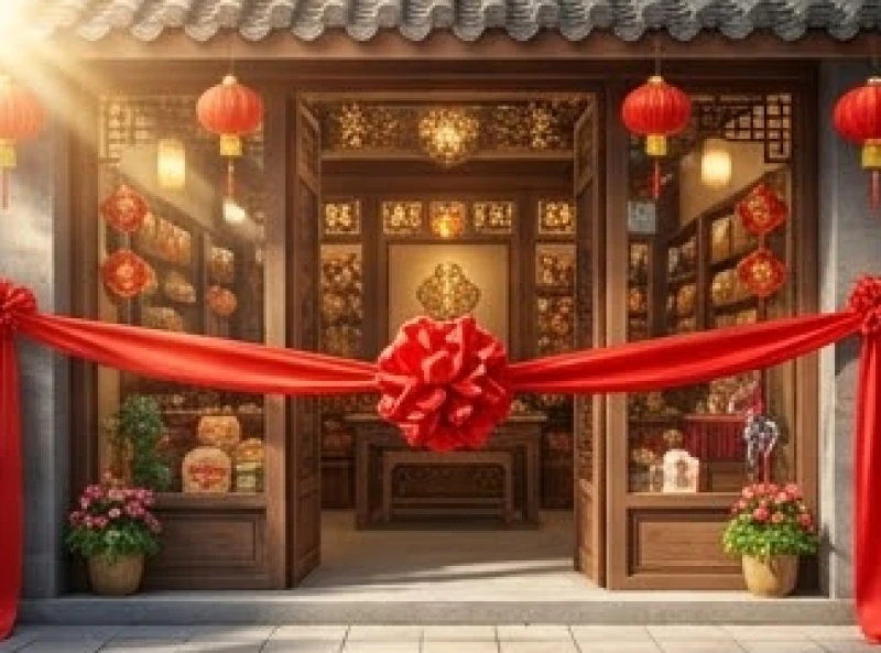 Dải ruy băng đỏ trang trọng cắt khai trương trước cửa hàng ngập tràn ánh nắng mặt trời rực rỡ
