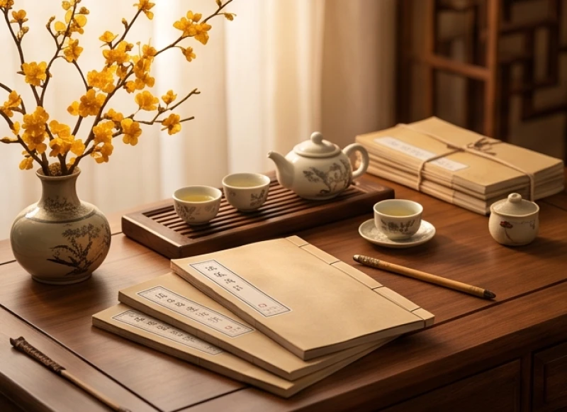 Bàn làm việc với các sổ sách kinh doanh và khay trà truyền thống chuẩn bị cho lễ khai trương
