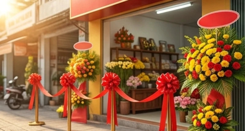 Băng rôn đỏ và hoa khai trương tươi tắn được trang trí trước cửa một cửa hàng kinh doanh