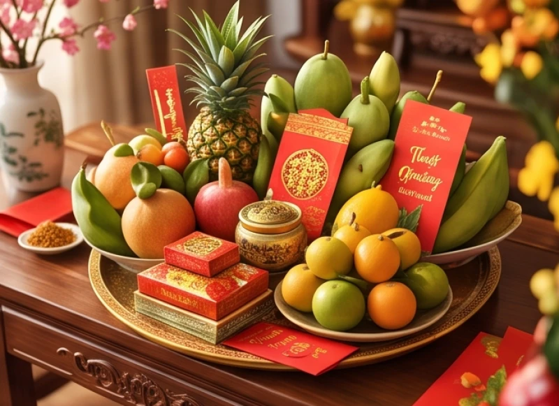 Khay lễ vật trang trọng chuẩn bị cho nghi thức khai trương mở hàng đầu năm