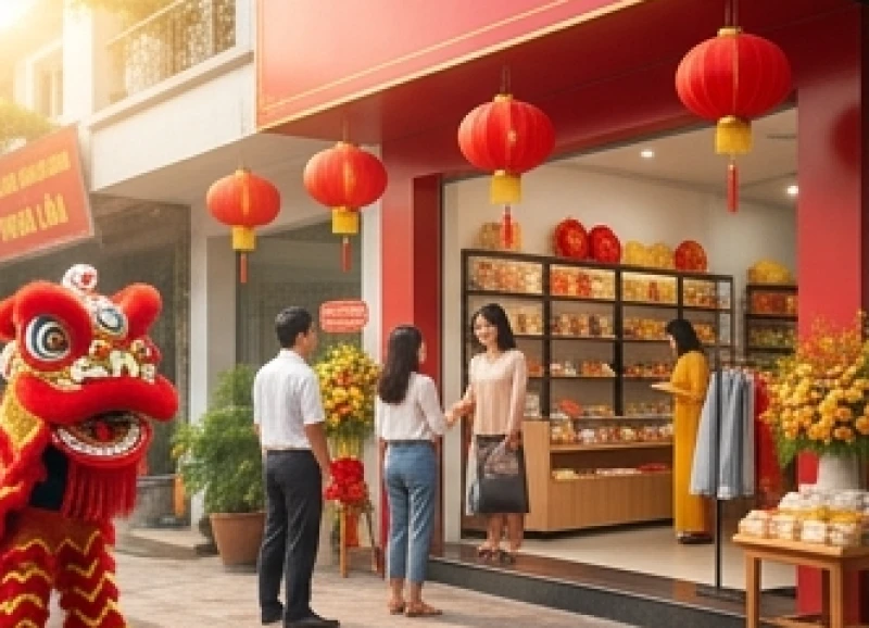 Cửa hàng rộn ràng mở cửa đón khách và múa lân trong ngày vía Thần Tài mùng mười tháng Giêng