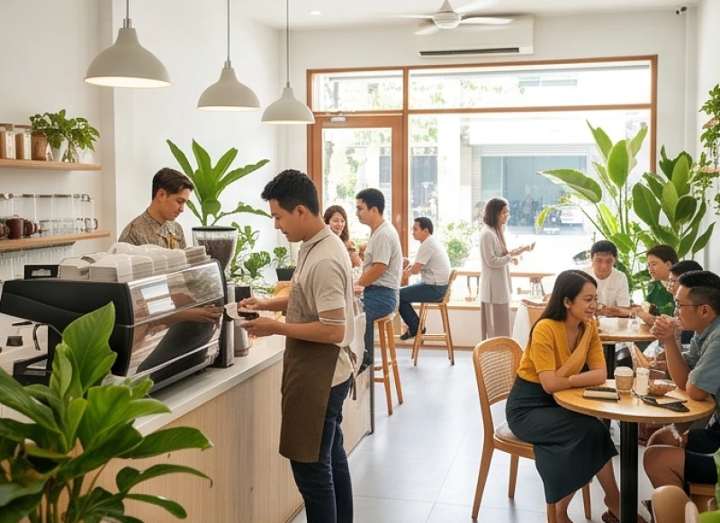 Quán cà phê hiện đại đang hoạt động nhộn nhịp vào buổi sáng ngày khai xuân