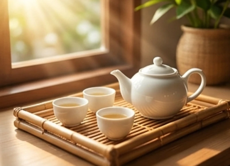 Nắng xiên qua khung cửa sổ chiếu lên khay trà sứ trắng tinh tế dành cho khách đến chung vui