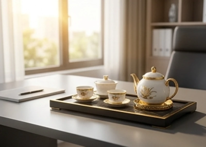 Lễ vật khai trương và bộ ấm trà mạ vàng đặt trên bàn làm việc hướng ra ánh sáng tự nhiên