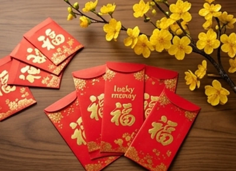 Phong bao lì xì đỏ và nhành mai vàng rực rỡ tượng trưng cho sự sinh sôi nảy nở đầu năm mới