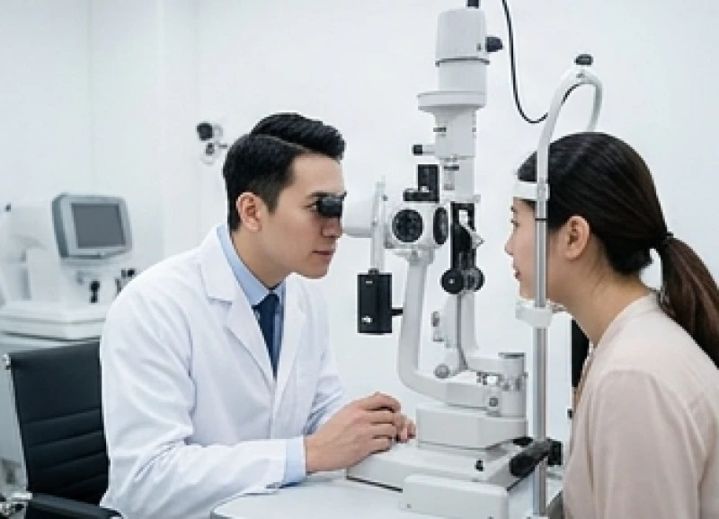 Bác sĩ nhãn khoa sử dụng đèn khe sinh hiển vi để kiểm tra cấu trúc giác mạc và đo nhãn áp cho bệnh nhân