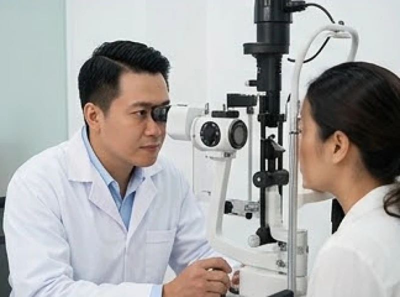 Mắt giật liên tục là điềm gì? Phân biệt tâm linh và y học 9 Bác sĩ nhãn khoa đang kiểm tra tình trạng nhãn cầu và mí mắt bằng các thiết bị chuyên dụng