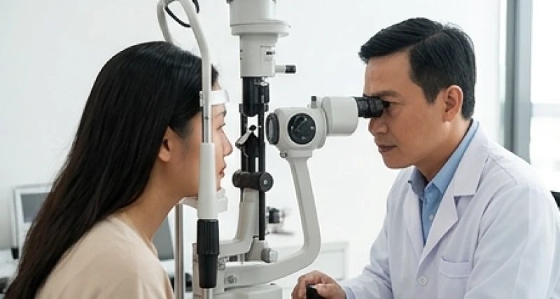 Bác sĩ nhãn khoa sử dụng đèn khe sinh hiển vi để kiểm tra giác mạc cho bệnh nhân