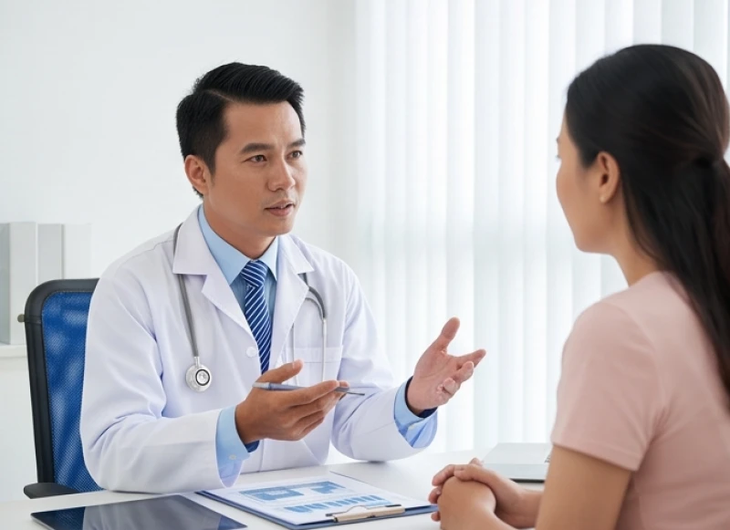 Bác sĩ chuyên khoa đang trao đổi và giải thích kết quả chụp chiếu cho bệnh nhân gặp vấn đề về vận động cơ