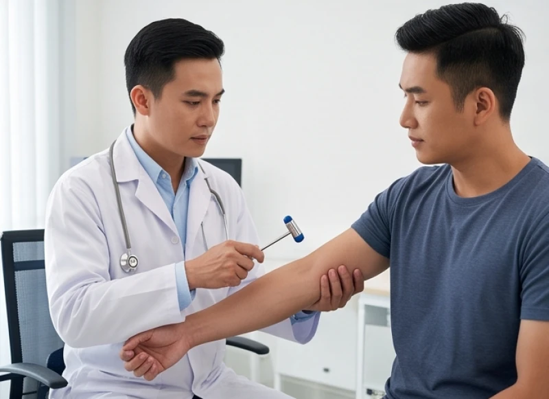 Bác sĩ chuyên khoa đang thăm khám và kiểm tra phản xạ cơ bắp ở vùng cánh tay cho một bệnh nhân nam