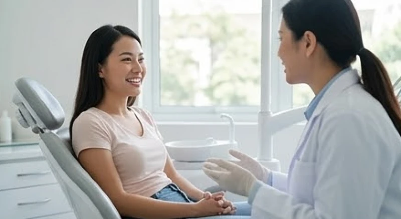 Nữ bệnh nhân mỉm cười thoải mái ngồi trên ghế nha khoa chuẩn bị thực hiện bọc sứ thẩm mỹ