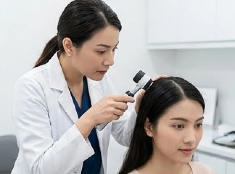 Nốt ruồi ở da đầu nữ: Ý nghĩa từng vị trí và lưu ý y khoa 6 Bác sĩ da liễu đang dùng thiết bị soi da chuyên dụng để kiểm tra kỹ vùng chân tóc