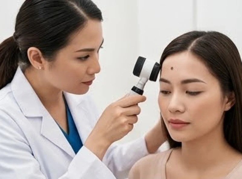 Bác sĩ da liễu dùng máy soi da kiểm tra nốt ruồi bên phải trán cho bệnh nhân nữ