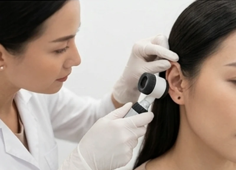 Bác sĩ da liễu đang dùng dụng cụ y tế chuyên dụng soi kỹ vùng sắc tố trên dái tai của nữ bệnh nhân