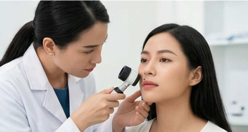 Bác sĩ da liễu đang sử dụng thiết bị chuyên dụng để soi chi tiết nốt ruồi trên môi bệnh nhân