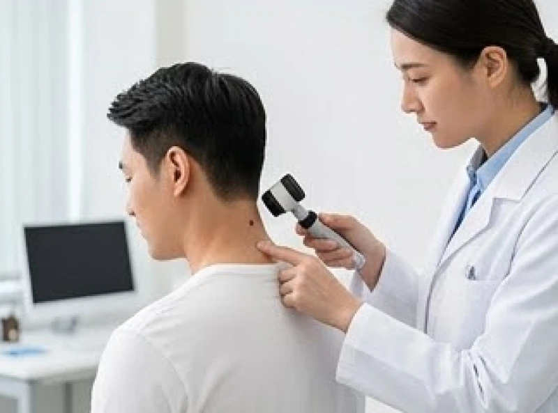 Bác sĩ da liễu đang kiểm tra nốt ruồi sau gáy nam có dấu hiệu bất thường