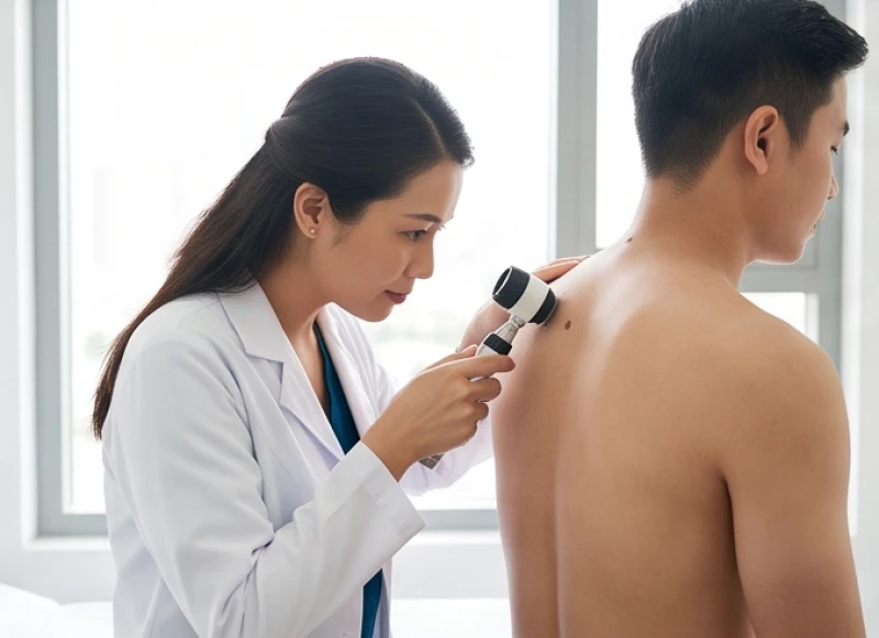 Bác sĩ da liễu dùng thiết bị chuyên dụng kiểm tra các đốm hắc sắc tố bất thường trên lưng bệnh nhân