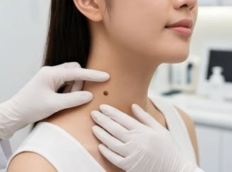 Bác sĩ da liễu mang găng tay y tế đang cẩn thận kiểm tra nốt ruồi vùng cổ cho bệnh nhân