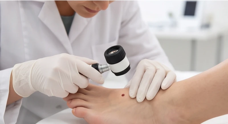 Bác sĩ da liễu đang sử dụng kính lúp chuyên dụng để soi nốt ruồi trên lòng bàn chân