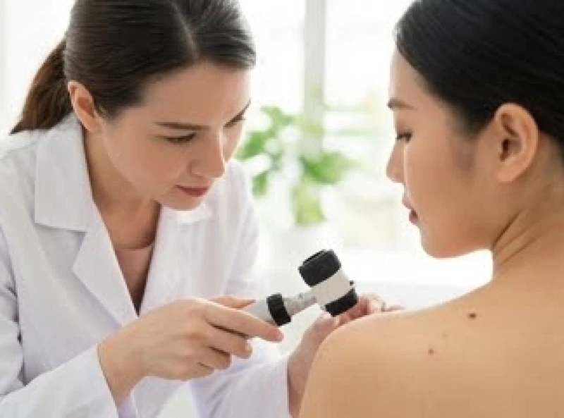 Bác sĩ da liễu dùng thiết bị chuyên dụng kiểm tra hắc sắc tố của nốt ruồi