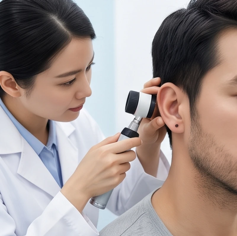 Bác sĩ da liễu dùng máy soi da chuyên dụng để kiểm tra chi tiết cấu trúc nốt ruồi trên tai