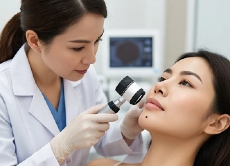 Nốt ruồi dưới cằm nữ: Ý nghĩa tướng số và tiêu chí giữ hay tẩy 8 Bác sĩ da liễu soi chiếu và đánh giá tình trạng nốt ruồi lồi dưới cằm để loại trừ rủi ro y khoa