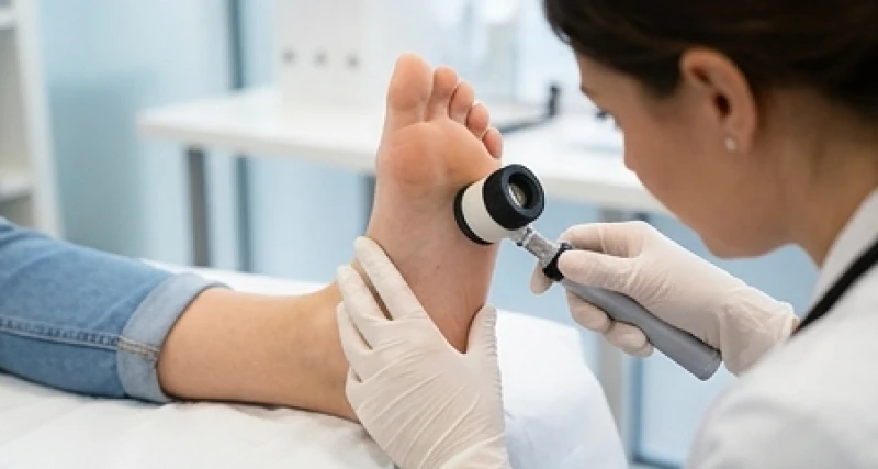 Nốt ruồi giữa lòng bàn chân: Ý nghĩa tướng số và kiểm tra ABCDE 8 Bác sĩ da liễu dùng thiết bị soi da chuyên dụng để đánh giá nốt ruồi dưới lòng bàn chân bệnh nhân