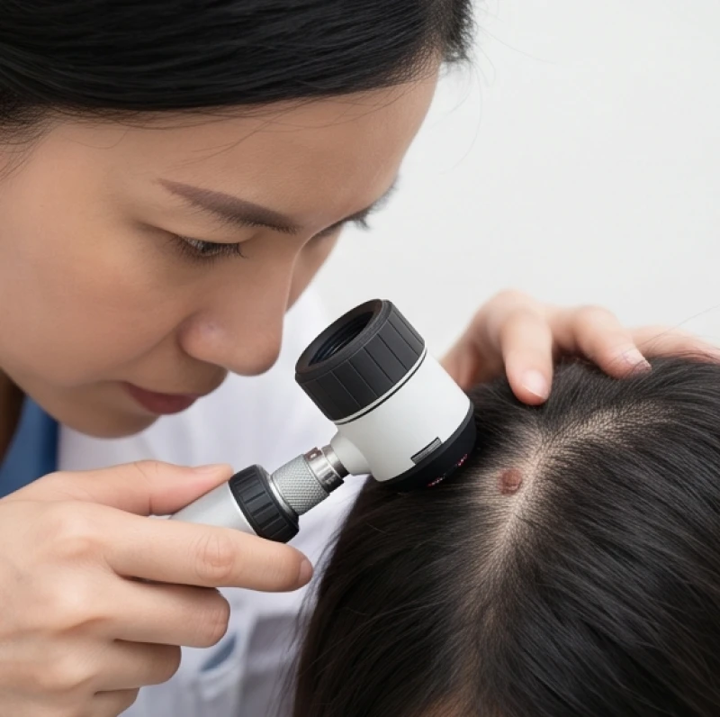 Bác sĩ da liễu dùng dụng cụ soi da chuyên dụng để kiểm tra chi tiết nốt ruồi trong tóc bệnh nhân