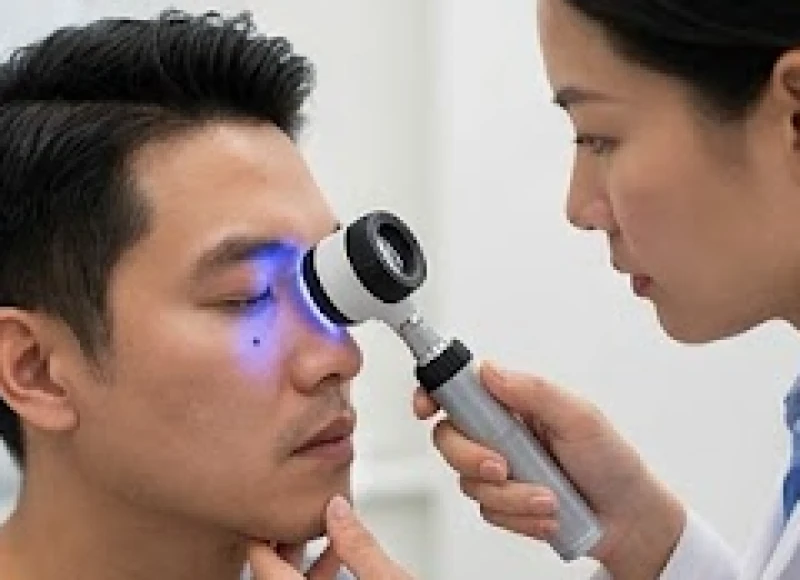 Nốt ruồi lệ ở nam: Ý nghĩa tướng số trái phải và chi phí tẩy 7 Bác sĩ da liễu sử dụng máy soi chuyên dụng để kiểm tra kỹ lưỡng nốt ruồi lệ trước khi quyết định tẩy