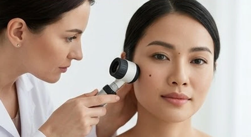 Nốt ruồi trên mặt phụ nữ giàu sang: Sơ đồ và quy tắc giữ tẩy 6 Bác sĩ da liễu đang sử dụng thiết bị chuyên dụng để thăm khám và đánh giá nốt ruồi trên mặt