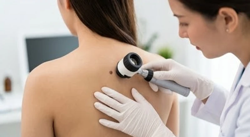Nốt ruồi sau lưng: Ý nghĩa tướng số nam nữ và đánh giá an toàn 6 Bác sĩ da liễu đang dùng kính lúp chuyên dụng kiểm tra nốt ruồi sau lưng bệnh nhân