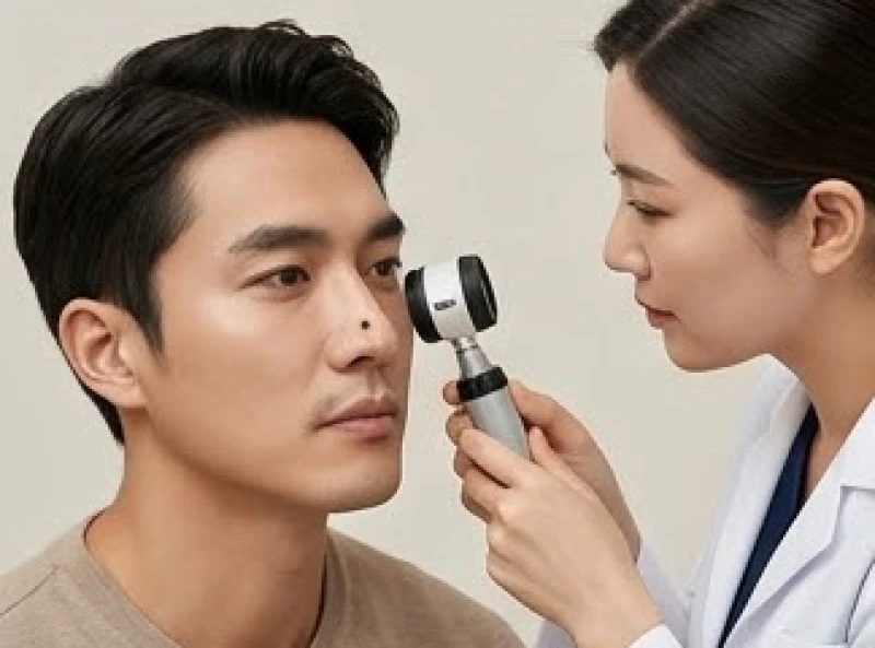 Bác sĩ da liễu đang sử dụng máy soi da chuyên dụng để kiểm tra nốt ruồi trên mũi bệnh nhân nam