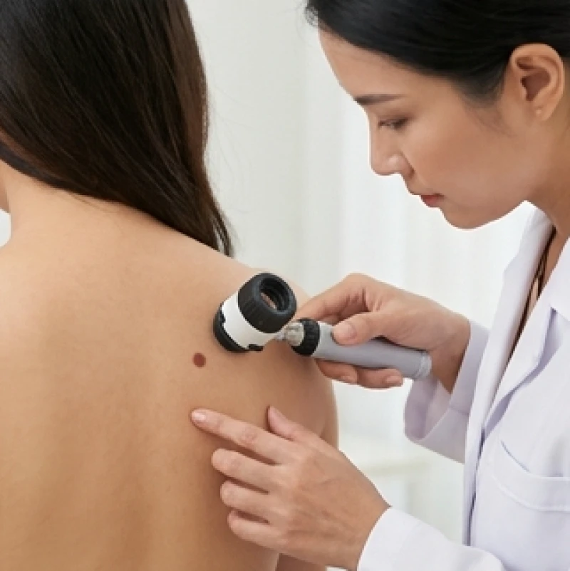 Bác sĩ sử dụng thiết bị soi da chuyên dụng để kiểm tra viền nốt ruồi