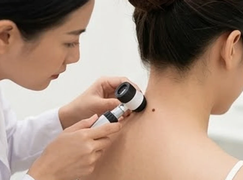 Bác sĩ da liễu soi chiếu bề mặt nốt ruồi để đánh giá rủi ro ác tính