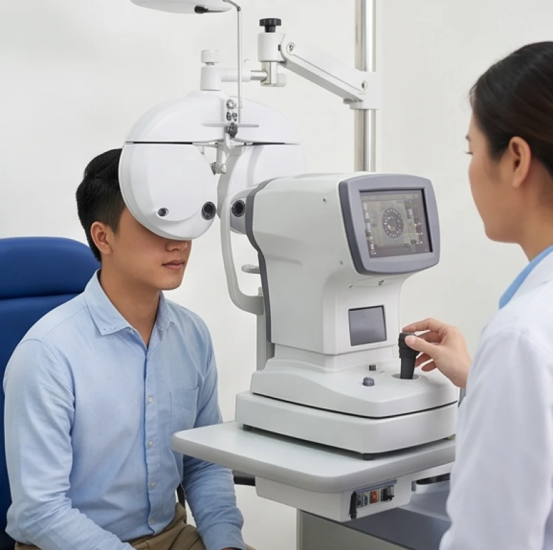 Bác sĩ nhãn khoa kiểm tra độ khúc xạ mắt cho bệnh nhân tại phòng khám chuyên khoa