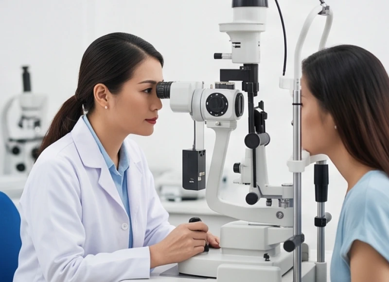 Bác sĩ nhãn khoa đang sử dụng máy đo khúc xạ hiện đại để kiểm tra thị lực cho người bệnh