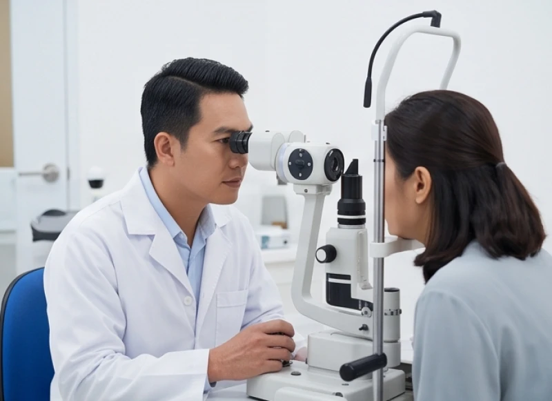 Bác sĩ nhãn khoa đang kiểm tra sức khỏe đôi mắt cho bệnh nhân bằng thiết bị chuyên dụng