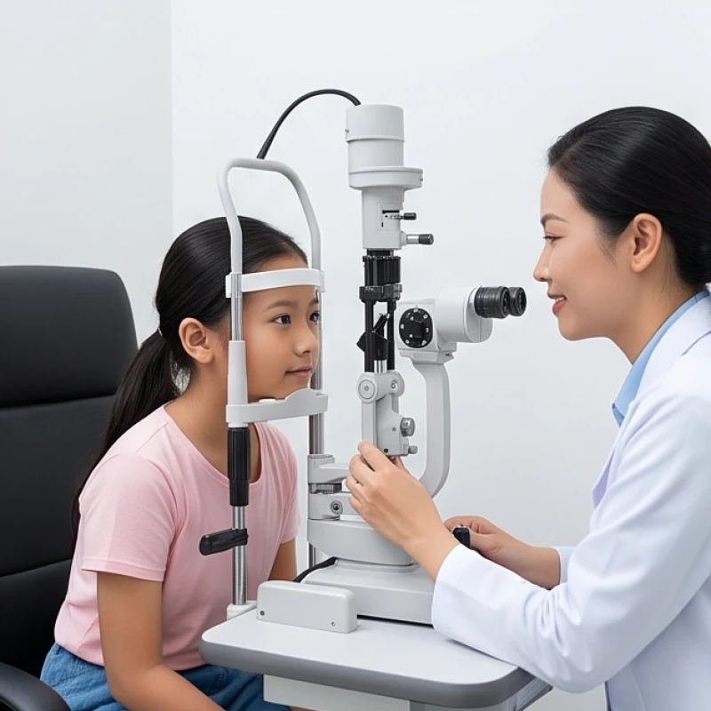Bác sĩ nhãn khoa đang đo thị lực cho một bé gái tại phòng khám bằng các thiết bị y tế hiện đại