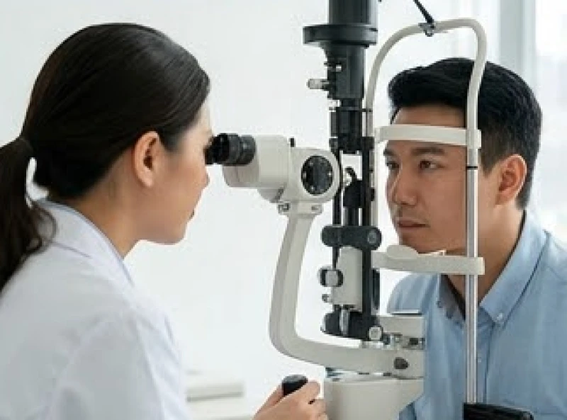Bác sĩ nhãn khoa đang sử dụng thiết bị y tế chuyên dụng để soi và kiểm tra tình trạng giác mạc cho một bệnh nhân nam
