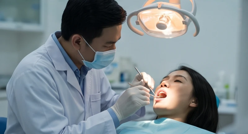 Mơ thấy chảy máu răng: Ý nghĩa theo vị trí và con số may mắn 7 Bác sĩ nha khoa đang soi đèn chuyên dụng để kiểm tra cẩn thận tình trạng nướu và chân răng cho bệnh nhân