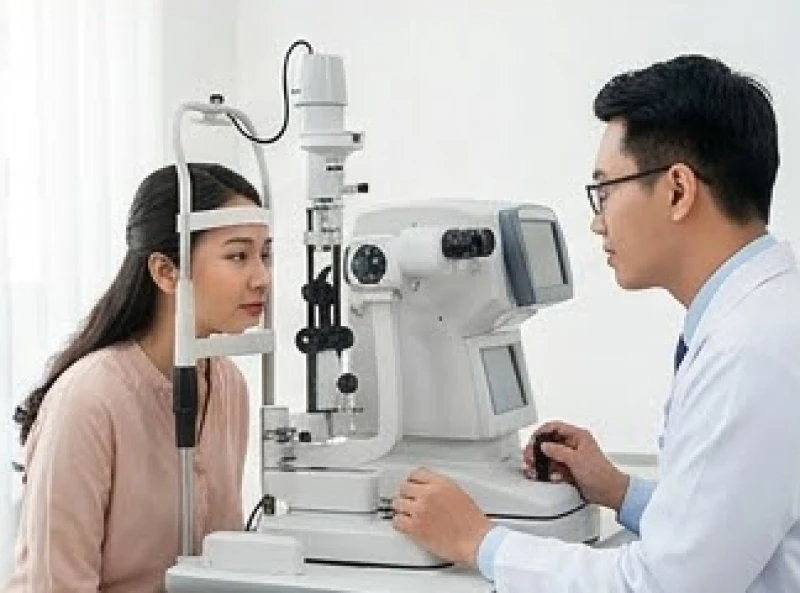 Giật mí mắt dưới là điềm gì? Giải mã 12h nam nữ & góc nhìn y học 9 Bác sĩ nhãn khoa đang sử dụng máy đo chuyên dụng để kiểm tra kỹ lưỡng vùng giác mạc và bó cơ mi cho bệnh nhân