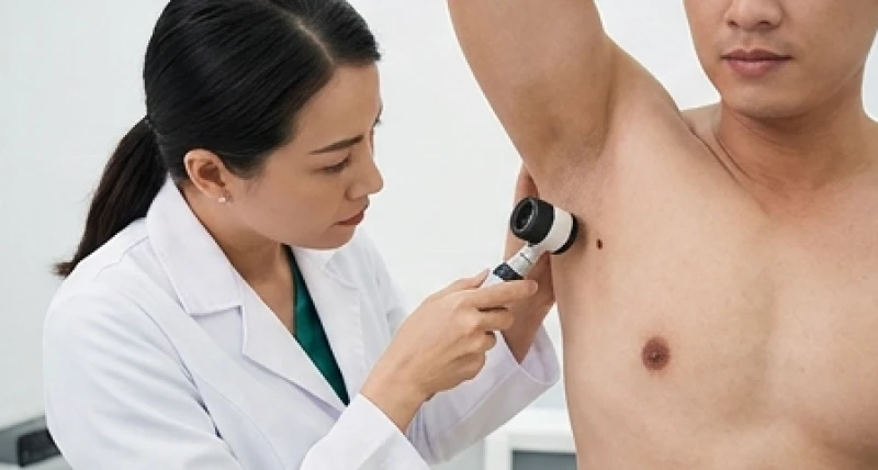 Bác sĩ da liễu dùng thiết bị soi da chuyên dụng kiểm tra kích thước và màu sắc bất thường của nốt ruồi ở nách nam