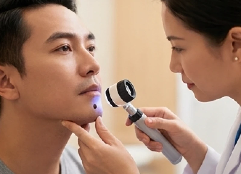 Nốt ruồi ở cằm nam: luận giải tướng số và tư vấn y khoa 7 Bác sĩ da liễu dùng thiết bị chuyên dụng soi nốt ruồi ở cằm nam giới để tầm soát ung thư da