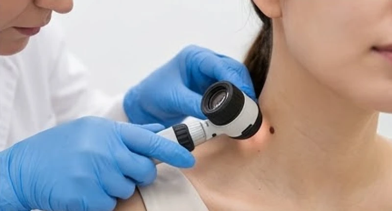 Bác sĩ da liễu đang dùng thiết bị soi da chuyên dụng để kiểm tra nốt ruồi trên cổ bệnh nhân