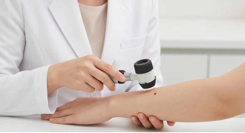Bác sĩ da liễu đang sử dụng kính lúp chuyên dụng để kiểm tra nốt ruồi trên da bệnh nhân