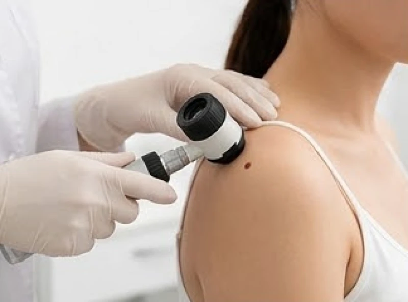 Bác sĩ da liễu đang tiến hành kiểm tra kích thước nốt ruồi trên vai bệnh nhân bằng thiết bị chuyên dụng